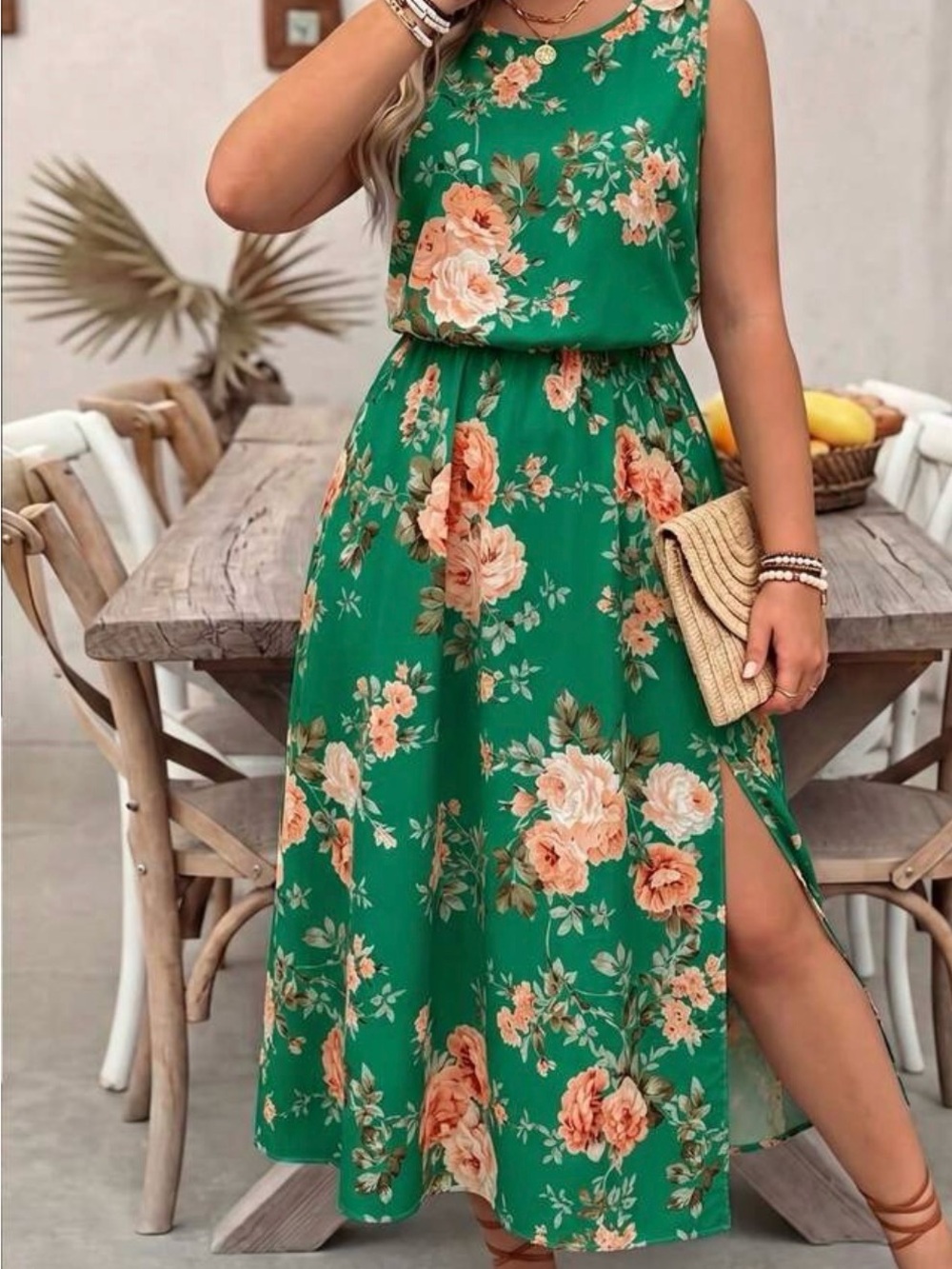 Sleeveless Green Floral Dress with Side Slit